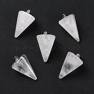 Natural Quartz Crystal Pendants, Rock Crystal Pendants, with Platinum Tone Brass Findings, Faceted Cone, 25~28x15~16x13~14mm, Hole: 2x6mm(G-F714-02F)