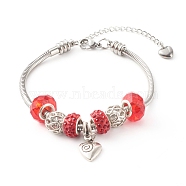 Handmade Polymer Clay Rhinestone European Bracelets, with Glass Beads, 304 Stainless Steel Snake Chains and Alloy Heart Charm, Red, 7-7/8 inch(20cm)(BJEW-JB06372-03)