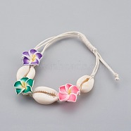 Cowrie Shell Anklets/Bracelets, with Random Color Polymer Clay 3D Flower Plumeria Beads and Waxed Cotton Cord, Colorful, 4-1/2 inch(11.5cm)~10-1/4 inch(26cm)(AJEW-AN00243)