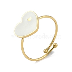 Ion Plating(IP) Heart 304 Stainless Steel Enamel Ring, Nickel Free, 316 Surgical Stainless Steel Open Cuff Ring for Women, Real 18K Gold Plated, WhiteSmoke, Adjustable(RJEW-A038-19G-04)