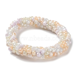Crochet Glass Beads Braided Stretch Bracelet, Nepel Boho Style Bracelet, PapayaWhip, Inner Diameter: 1-3/4 inch(4.5cm)(BJEW-K232-01U)