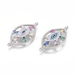 Brass Micro Pave Cubic Zirconia Links connectors, with Enamel, Horse Eye with Evil Eye, Colorful, Platinum, 13.5x26.5x3.5mm, Hole: 1.2mm(ZIRC-G152-42P)