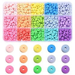 750Pcs 15 Colors Handmade Polymer Clay Beads, for DIY Jewelry Crafts Supplies, Flat Round, Mixed Color, 6x3mm, Hole: 1.5mm, 50pcs/color(CLAY-YW0001-73)