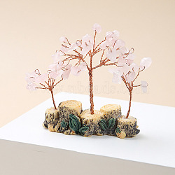 Natural Rose Quartz Chips Tree of Life Decorations, Mini Resin Stump Base with Copper Wire Feng Shui Energy Stone Gift for Home Office Desktop Decoration, 80x80~100mm(TREE-PW0003-23A)