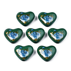 Flower Printed Opaque Acrylic Heart Beads, Dark Green, 16x19x8mm, Hole: 2mm(SACR-S305-28-N02)