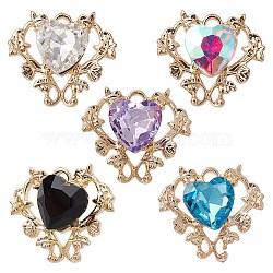 5Pcs 5 Colors Glass Rhinestone Pendants, with Golden Alloy Finding, Heart Charms, Mixed Color, 18.5x21x6mm, Hole: 2mm, 1Pc/color(ALRI-YW0001-20)
