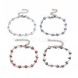 Enamel Heart with Evil Eye Link Chains Bracelet, 304 Stainless Steel Jewelry for Women, Stainless Steel Color, Mixed Color, 6-3/4 inch(17.1cm)(BJEW-P271-06P)