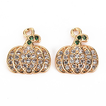 Brass Micro Pave Cubic Zirconia Charms, Nickel Free, Real 18K Gold Plated, Pumpkin, Green & Clear, 13x11x3mm, Hole: 1.2mm
