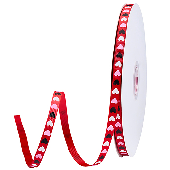 1 Roll Polyester Grosgrain Ribbon, with Heart Printed, Red, 3/8 inch(9mm), about 100yards/roll(91.44m/roll)