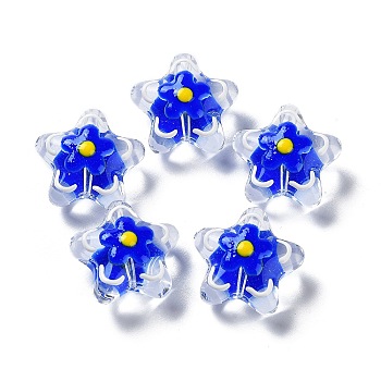 Handmade Lampwork Beads, with Enamel, Star with Flower, Medium Blue, 20~20.5x21~21.5x11.5~12mm, Hole: 1.6mm