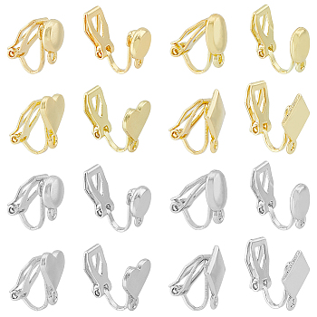16Pcs 8 Style Alloy Clip-on Earring Findings, with Horizontal Loops, Heart & Flat Round & Oval & Rhombus, Platinum & Golden, 12.5~16x6~11x9~9.5mm, Hole: 1~1.5mm, 2Pcs/style