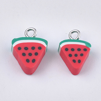 Handmade Polymer Clay Pendants, with Iron Findings, Imitation Food, Watermelon, Platinum, Red, 14.5~15x10~11x4.5mm, Hole: 1.8mm
