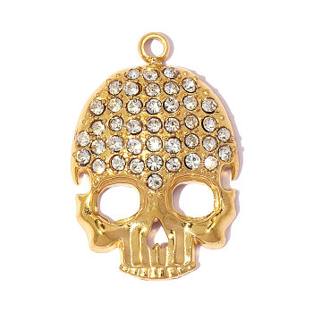 304 Stainless Steel with Crystal Rhinestone Pendants, Ion Plating(IP), Skull Charms, Mirror Polished Finish, Real 18K Gold Plated, 23x15mm, Hole: 2mm