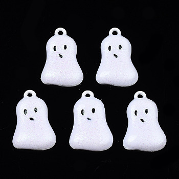 Spray Painted Alloy Enamel Pendants, Cadmium Free & Nickel Free & Lead Free, with Shimmering Powder, Halloween, Ghost, White, 20.5x14x3.5mm, Hole: 1.6mm