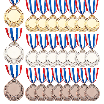 24Pcs 3 Colors Zinc Alloy Medals, with Stripe Pattern Lanyard, Flat Round, Mixed Color, 780mm, 8pcs/color