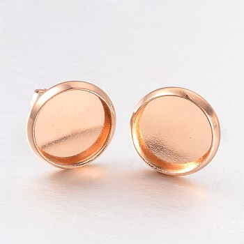 Flat Round Brass Stud Earring Cabochon Settings, Cadmium Free & Nickel Free & Lead Free, Rose Gold, Tray: 10mm, 13.5x12mm, Pin: 0.7mm