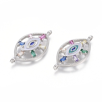 Brass Micro Pave Cubic Zirconia Links connectors, with Enamel, Horse Eye with Evil Eye, Colorful, Platinum, 13.5x26.5x3.5mm, Hole: 1.2mm