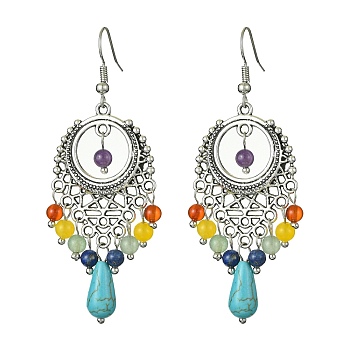Natural Mixed Stone Beaded Long Drop Earrings, Tibetan Style Alloy Chandelier Earrings with Brass Pins, 66x24.5mm