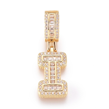 Brass Micro Pave Cubic Zirconia Pendants, Letter, Clear, Golden, Letter.I, 19.5x11x3.5mm, Hole: 6.5x9mm
