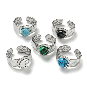 304 Stainless Steel Open Cuff Rings, Synthetic Malachite & Turquoise Round Wide Band Rings for Women Men, Stainless Steel Color, Adjustable