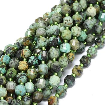 Natural African Turquoise(Jasper) Beads Strands, with Seed Beads, Faceted, Bicone, Double Terminated Point Prism Beads, 7~8x7~8mm, Hole: 0.8mm, about 38pcs/strand, 15.35 inch(39cm)