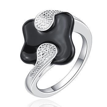 Fashionable Brass Enamel Rhombus Finger Rings, Black, Silver, Size 7, 17.3mm
