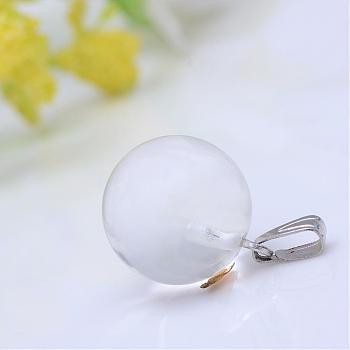 Natural Quartz Crystal Pendants, Rock Crystal, with Platinum Iron Findings, Round, 17x14mm, Hole: 2.5x6mm