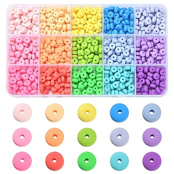 750Pcs 15 Colors Handmade Polymer Clay Beads, for DIY Jewelry Crafts Supplies, Flat Round, Mixed Color, 6x3mm, Hole: 1.5mm, 50pcs/color