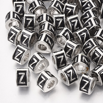 Alloy European Beads, Enamel Style, Large Hole Beads, Triangle with Letter, Platinum, Black, Letter.Z, 9.5x9x6.5mm, Hole: 5mm