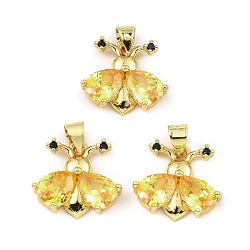 Rack Plating Real 18K Gold Plated Brass Pendants, with Cubic Zirconia, Long-Lasting Plated, Lead Free & Cadmium Free, Insect, Yellow, 14.5x16x4.5mm, Hole: 3.5mm