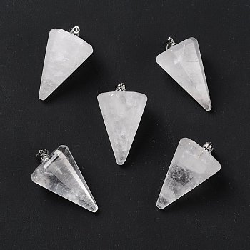 Natural Quartz Crystal Pendants, Rock Crystal Pendants, with Platinum Tone Brass Findings, Faceted Cone, 25~28x15~16x13~14mm, Hole: 2x6mm