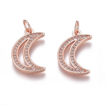 Brass Micro Pave Clear Cubic Zirconia Pendants, Long-Lasting Plated, With Jump Rings, Moon, Rose Gold, 17x11.5x1.5mm, Hole: 3mm, Jump Ring: 5x1mm