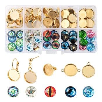 DIY Jewelry Set Making Kits, Including 304 Stainless Steel Cabochons Findings, Glass Cabochons, Golden, Cabochons Findings: 30pcs