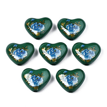 Flower Printed Opaque Acrylic Heart Beads, Dark Green, 16x19x8mm, Hole: 2mm