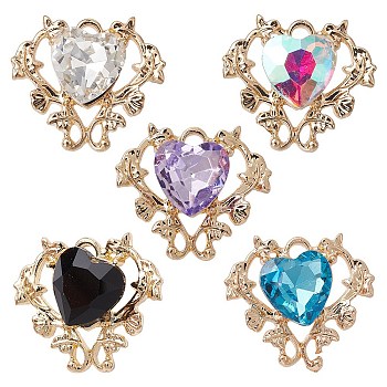 5Pcs 5 Colors Glass Rhinestone Pendants, with Golden Alloy Finding, Heart Charms, Mixed Color, 18.5x21x6mm, Hole: 2mm, 1Pc/color