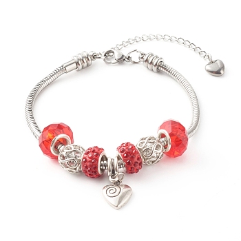 Handmade Polymer Clay Rhinestone European Bracelets, with Glass Beads, 304 Stainless Steel Snake Chains and Alloy Heart Charm, Red, 7-7/8 inch(20cm)