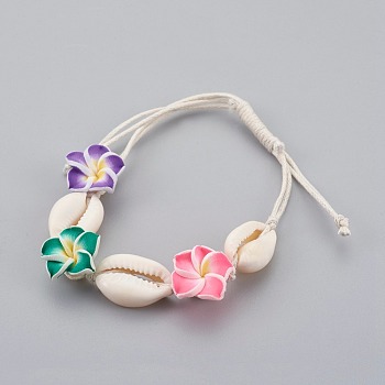 Cowrie Shell Anklets/Bracelets, with Random Color Polymer Clay 3D Flower Plumeria Beads and Waxed Cotton Cord, Colorful, 4-1/2 inch(11.5cm)~10-1/4 inch(26cm)