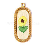 304 Stainless Steel with Cloth Pendants, Ion Plating(IP), Rectangle with Flower Charms, Hand Polished, Yellow, Real 18K Gold Plated, 32x14mm, Hole: 2mm(FB-OY001-03G)