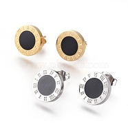 304 Stainless Steel Stud Earrings, with Enamel and Ear Nuts, Flat Round with Roman numerals, Mixed Color, 11x1.5mm, Pin: 0.6mm, 6pairs/card(EJEW-I235-14)