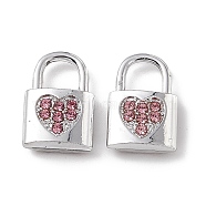 Alloy Light Rose Rhinestone Pendants, Lock with Heart Charm, Platinum, 15x9.5x3.5mm, Hole: 5x5mm(ALRI-K049-03D)