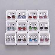 304 Stainless Steel Earlobe Plugs, Screw Back Earrings, with Synthetic Gemstone and Cat Eye, Half Round, Mixed Color, Stainless Steel Color, 8mm, Pin: 1mm, 12pairs/card(EJEW-F227-20P-A)