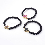 Natural Lava Rock Beads Stretch Bracelets, with Brass Links, with Druzy Acrylic, Cross, Mixed Color, 2-1/2 inch(6.4cm)(BJEW-JB04008-M)