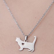 201 Stainless Steel Cat with Heart Pendant Necklace, Stainless Steel Color, 17.72 inch(45cm)(NJEW-OY001-41)