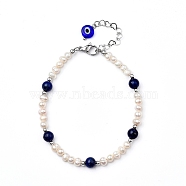 Natural Lapis Lazuli(Dyed) Beaded Bracelets, with Evil Eye Lampwork Beads, Natural Pearl Beads, Brass Beads and 304 Stainless Steel Lobster Claw Clasps, 7-7/8 inch(20cm)(BJEW-JB05313-03)