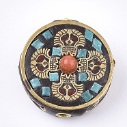 Handmade Indonesia Beads, with Brass Findings, Flat Round, Golden, Dark Turquoise, 22x21x11mm, Hole: 2mm(X-IPDL-S053-144)