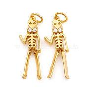 Halloween Brass Micro Pave Cubic Zirconia Pendants, with Jump Ring, Skeleton Man, Clear, Real 18K Gold Plated, 24x7.5x3mm, Hole: 3.5mm(X-ZIRC-G169-09G)