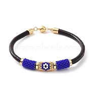 Japanese Seed Column with Evil Eye Beaded Bracelet with Cowhide Cords for Women, Medium Blue, 7-5/8 inch(19.5cm)(BJEW-JB09078-01)