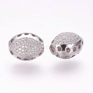 Brass Micro Pave Cubic Zirconia Beads, Oval, Hollow, Platinum, 13.5x11x10mm, Hole: 2mm(ZIRC-G091-74P)