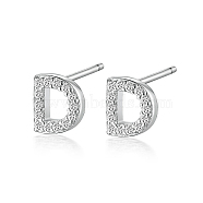 Rhodium Plated 925 Sterling Silver Initial Letter Stud Earrings, with Cubic Zirconia, Platinum, Letter D, 5x5mm(HI8885-04)