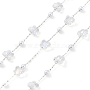 Handmade Glass Butterfly and ABS Plastic Imitation Pearl Beaded Chains, with 304 Stainless Steel Findings, Soldered, with Spool, Platinum, 4x3.5mm, 6x7.5x4.5mm, about 16.40 Feet(5m)/Roll(CHC-R135-15P)
